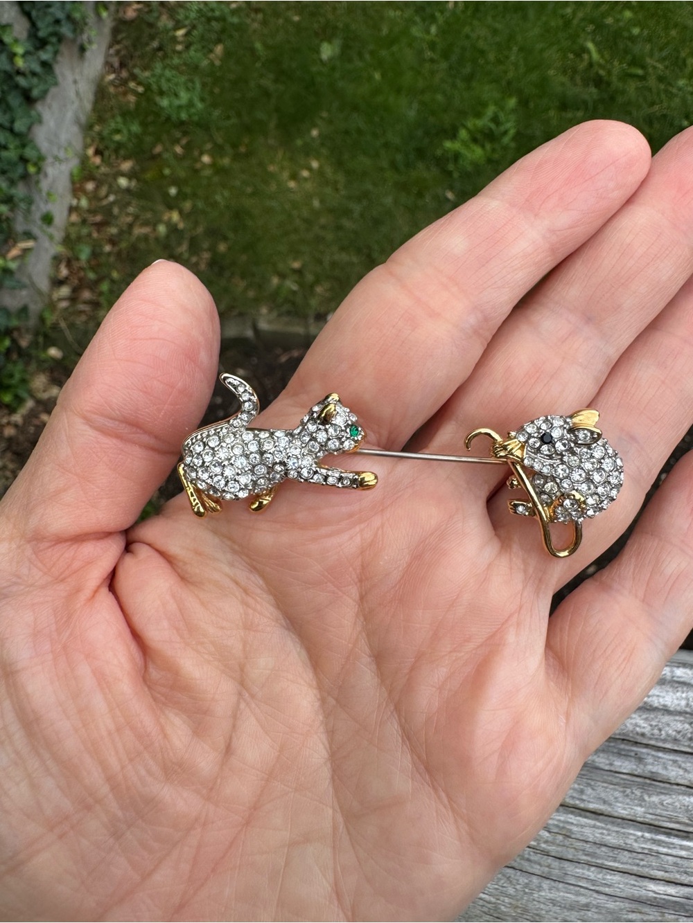 FAC Crystal Cat and Mouse Gold-Tone Brooch Stick Pin - Clear Rhinestone